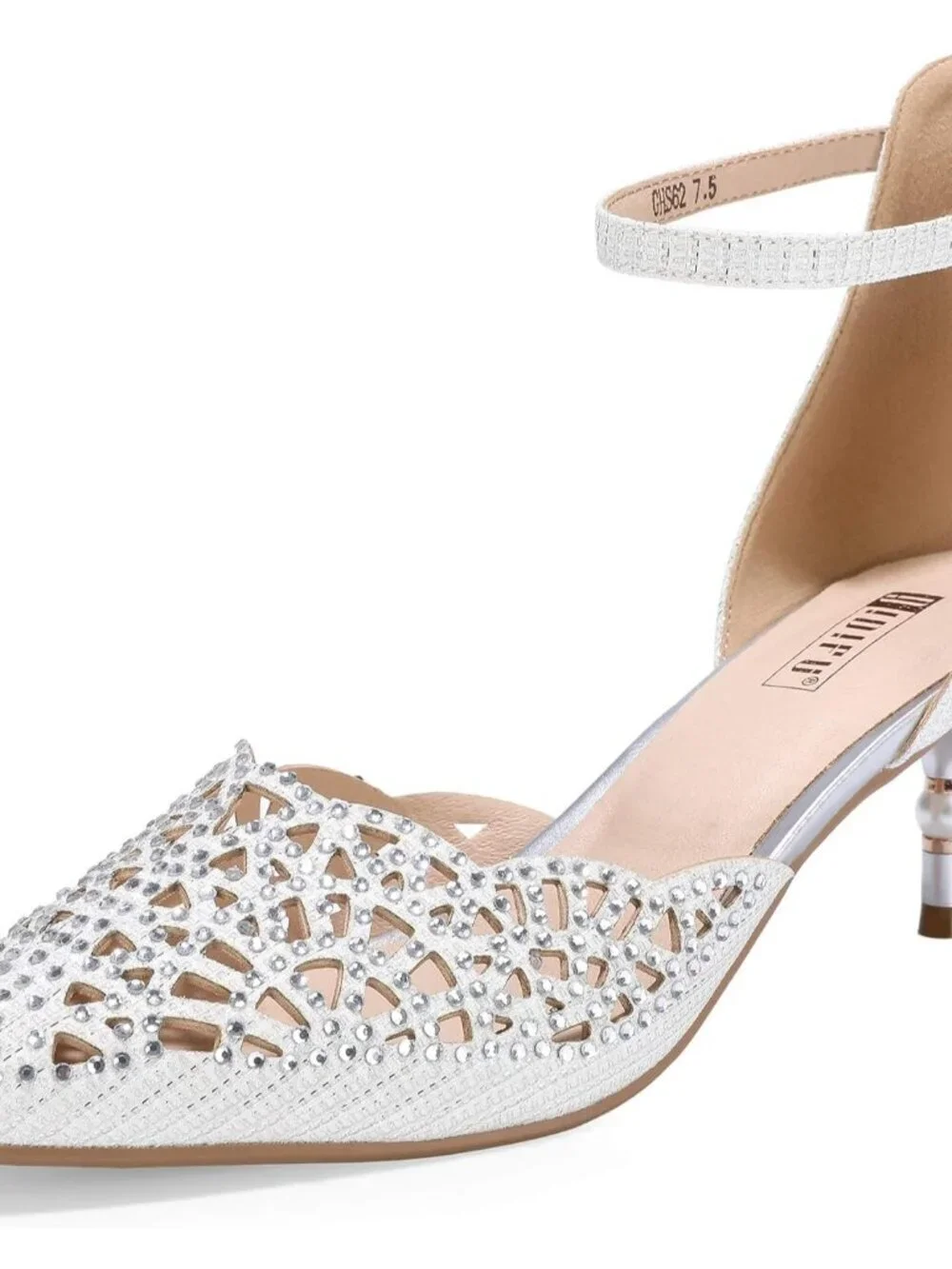 Women's White Rhinestones Low Kitten Heels Pumps Evening Dress Shoes
